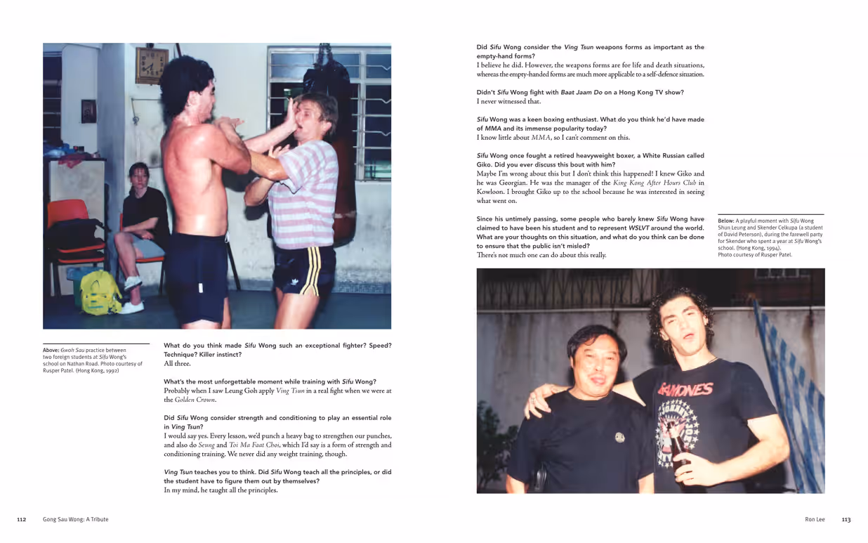 A two-page spread of Ron Lee’s interview from the book “Gong Sau Wong: A Tribute: Direct Students On Sifu Wong Shun Leung”.