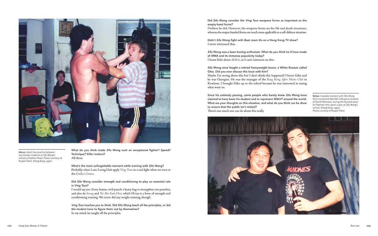 A two-page spread of Ron Lee’s interview from the book “Gong Sau Wong: A Tribute: Direct Students On Sifu Wong Shun Leung”.