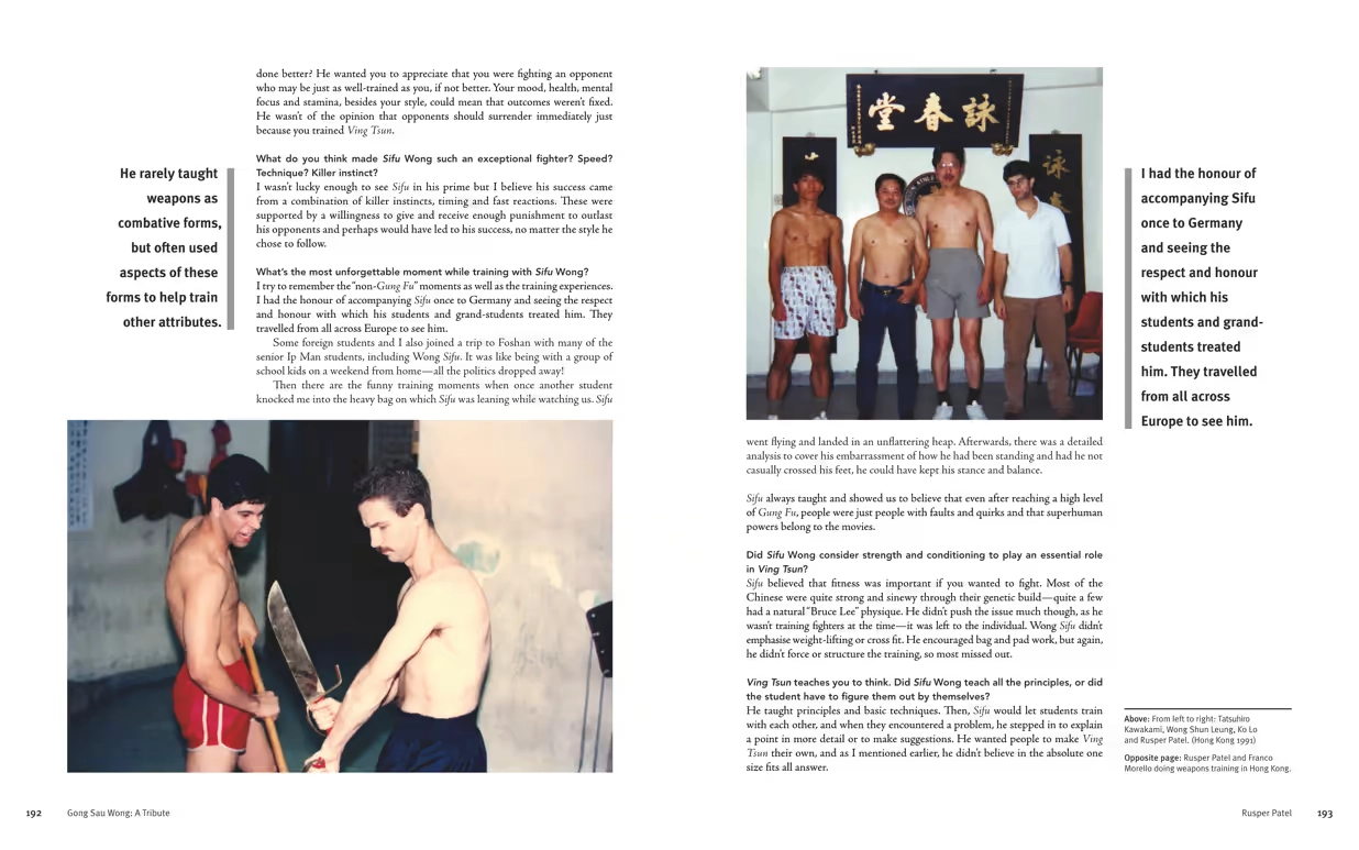 A two-page spread of Rusper Patel’s interview from the book “Gong Sau Wong: A Tribute: Direct Students On Sifu Wong Shun Leung”.
